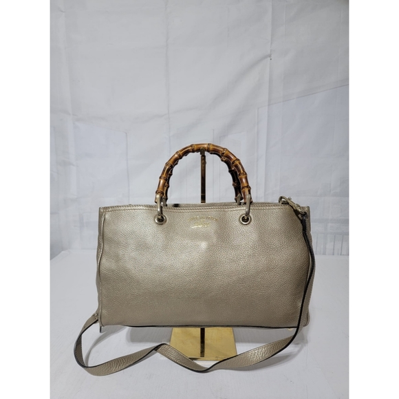 GUCCIMetallic Pebbled Calfskin Medium Bamboo Shopper Tote Golden Beige - Picture 1 of 14